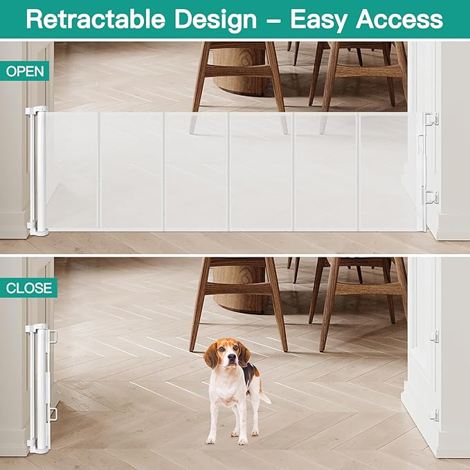 24 Inch Tall x 110 Inch Extra Wide Retractable Dog Gate for The House, Short Baby Gate to Step Over, Reinforced Mesh Puppy Gate for Doorways, Step Over Pet Gate for Stairs, Indoor/Outdoor, White