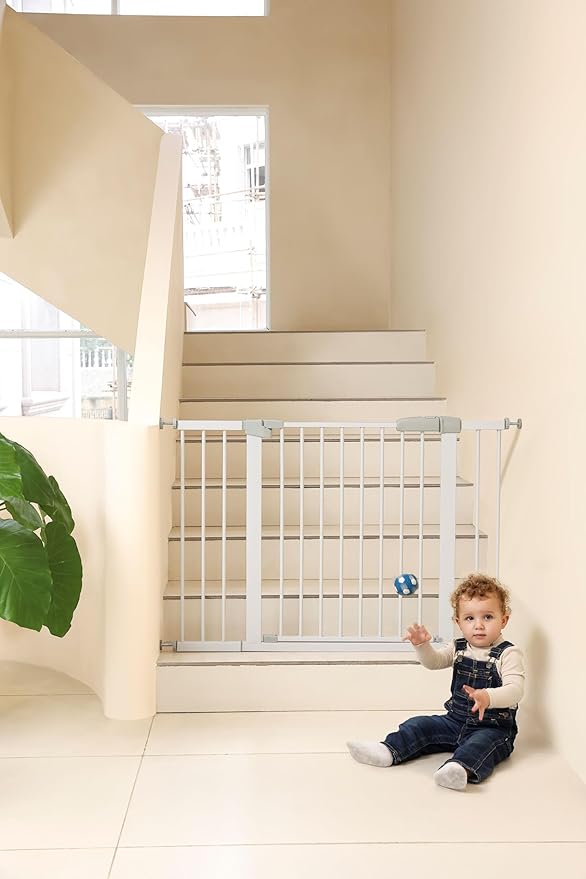 44.72"-46.89" Baby and Pet Safety Gate, 30" Tall Metal Walk-Thru Gate for Doorways & Stairs, Easy One-Hand Open, Dual Lock, Extensions & Wall Mounts Included (Gray, 29"-46" W x 30.5“H)