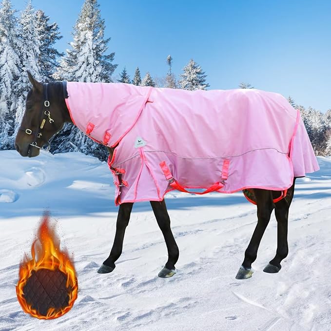 Turnout Blanket for Horses, Waterproof Thickened Horse Sheet with Detachable Neck Cover,1600D Nylon Outer, 400g Heavy Weight Filling (Pink, US 72IN(EU 135cm))