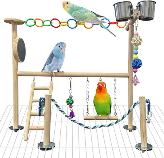 Hamiledyi Small Bird Playground Natural Wood for Top of Cage Bird Perch Stand for Parrots Play Gym Toys for Small Birds Parrot Cockatiel Love Birds Budgie(Style A)