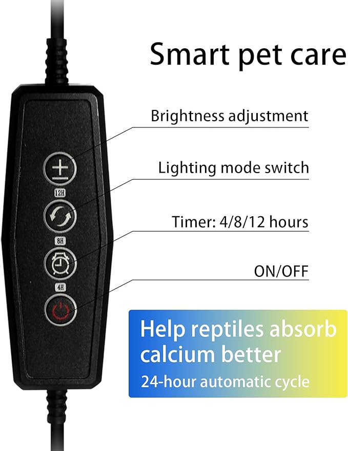 UVB & UVA Light for Reptiles, Dimmable LED Full Spectrum Sunlight Lamp with 3 Lighting Modes, 4/8/12H Timer for Tortoise, Gecko, Bearded Dragon, 8W Reptile Lamp, 8IN