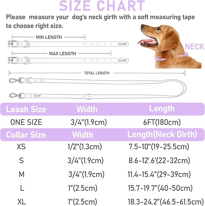 ZALER Dog Collar and Leash Set, Waterproof Adjustable Odor Proof Pet Collars Leashes Easy to Clean, 6FT Dog Leash with 2 Hooks for Large, Medium Small Dogs (XS, Purple)