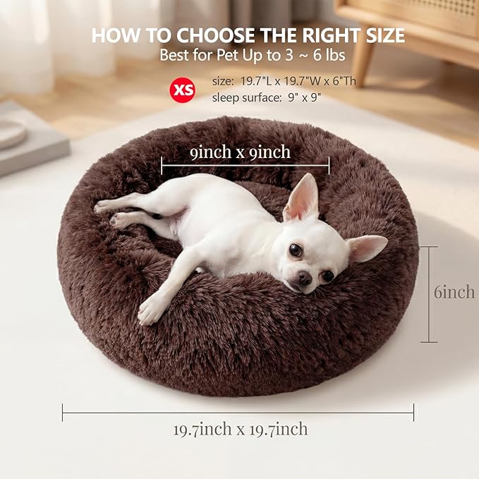 Calming Donut Dogs Beds for Small Dogs Washable,19inch Fluffy Round Puppy Bed for Puppies,Cats & Toy Breeds with Raised Rim,Fits up to 15 lbs Pets,Chocolate Brown