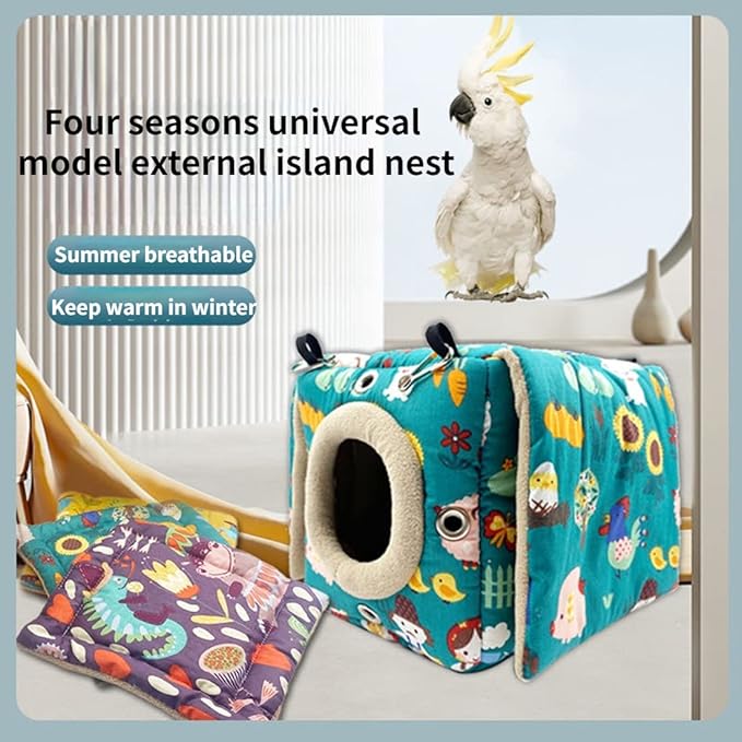Large Winter Warm Bird Nest House, Bird Bed for Cage, Parrot Nest Snuggle Shed Hut for Four Seasons, Easy to Install for Quaker Lovebirds (Green,Large)