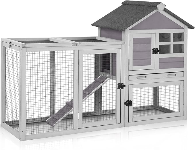 GUTINNEEN 51.6" Large Rabbit Hutch with Chew-Proof Ramp, Small Chicken Coop with Run for Outdoor, Indoor Bunny Cage Guinea Pig House with Leak-Proof Tray (Grey)