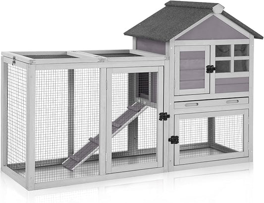 GUTINNEEN 51.6" Large Rabbit Hutch with Chew-Proof Ramp, Small Chicken Coop with Run for Outdoor, Indoor Bunny Cage Guinea Pig House with Leak-Proof Tray (Grey)