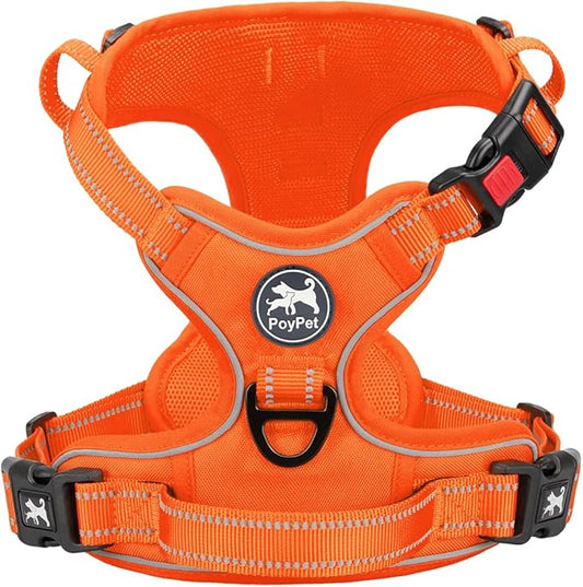 PoyPet No Pull Dog Harness, No Choke Reflective Dog Vest, Adjustable Pet Harnesses with Easy Control Padded Handle for Small Medium Large Dogs(Orange Matching Trim,XS)