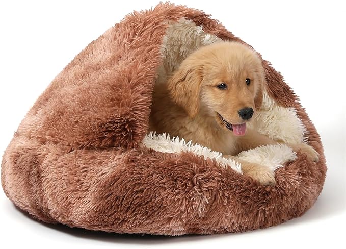 NOYAL Dog Bed Round Hooded Plush Cat Cave Donut Anti Anxiety Fluffy Dog Bed for Small Medium Dog and Cat - Bandhnu Coffee, Large 27.5
