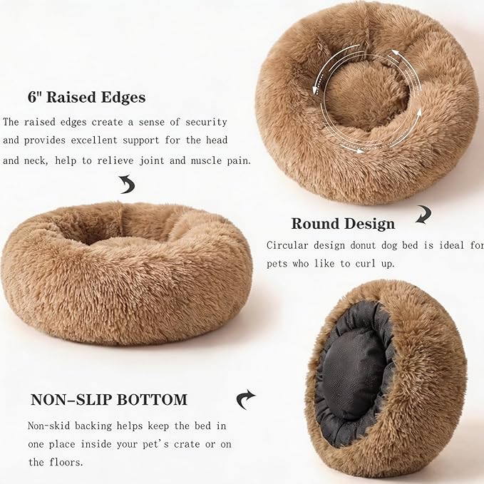Calming Donut Dogs Beds for Small Dogs Washable,23inch Plush Round Pet Bed for Cozy Sleep,Fluffy Faux Fur Large Cat Bed,Fits up to 25 lbs Pets,Camel
