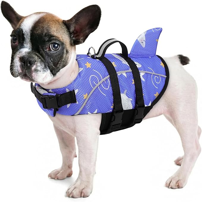 Queenmore Dog Life Jacket XS, Extra Small Dog Life Vest for Swimming Boating, Lightweight Dog Shark Life Jacket with Rescue Handle/Leash Hook/Reflective Strips