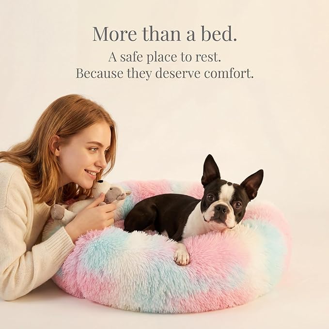 Calming Dog Bed for Medium Dogs Washable Donut 30 inches Anti-Slip Pet Bed,Round Fluffy Plush Faux Fur Cat Bed,Fits up to 45 lbs Pets,Multi Colored