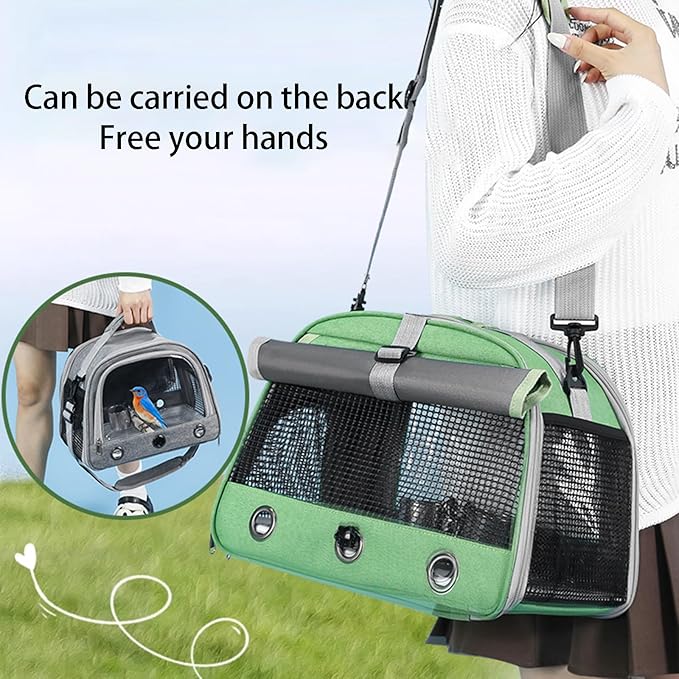 Parrot Carrier Parrot Travel Cage Panoramic View Breathable with Perch Removable Tray Food Cup Standing Net for Conures Parakeet Budgie (Pink)