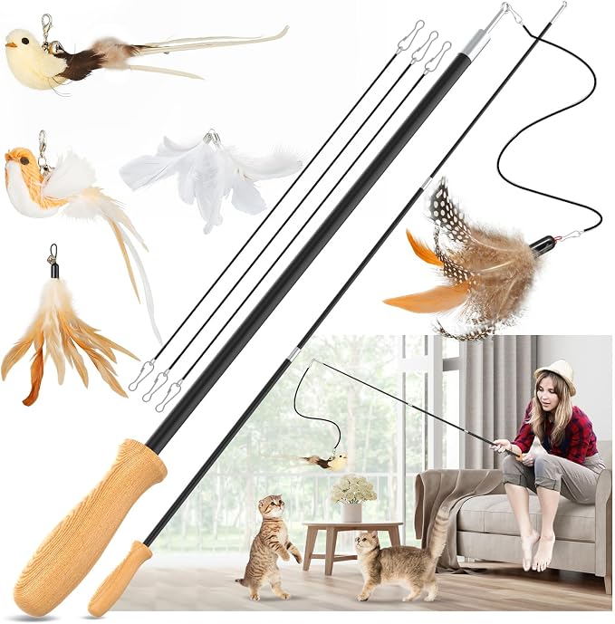 ROSAUI Cat Teaser Wand Toys, Interactive Bird Toys for Indoor Kittens, 42.15?€??€? Long Cat Fishing Pole Toys, 2Pcs Wires and 5Pcs Natural Refills, Sustainable Wooden Handles, Exercising, Playing by ROSAUI