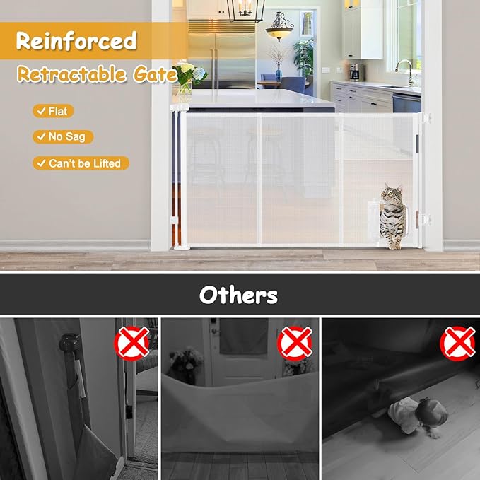 Reinforced 60” Wide Retractable Pet Gate with Cat Door Mesh Baby Gate for Stairs with Reinforced Strips Retractable Dog Gates with Cat Door Mesh Dog Gates for Doorways Separating Dogs from Cats, White