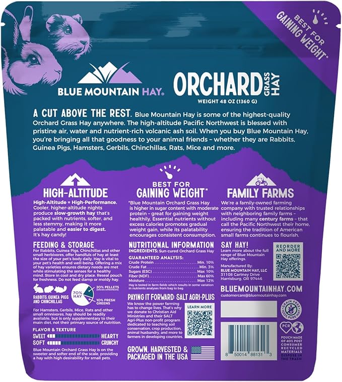 Blue Mountain Hay High Altitude Orchard Grass Hay Pet Food (48 oz) - Fresh, Soft & Leafy, High Fiber Nutrition - Sweet Aroma, Additive-Free, Supports Digestion, Dental Health & Natural Foraging
