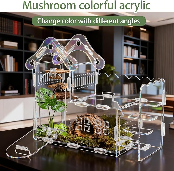 Magnetic Acrylic Jumping Spider Enclosure with Mushroom House, Easy-Feed Hole & Front Opening – Terrarium for Tarantula, Mantis, Beetle, Gecko, Hermit Crab, Reptile Habitat