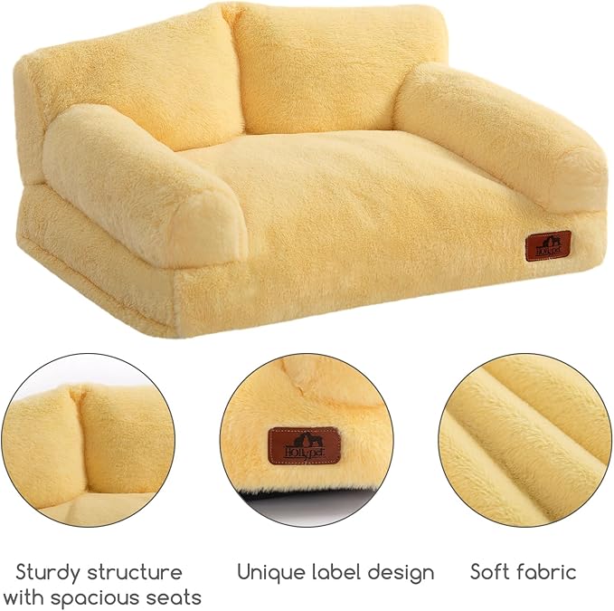 Hollypet Fluffy Dog Cat Bed Pet Couch Beds Plush Soft Warming Washable Puppy Bed for Small Medium Dogs and Large Cats, Yellow, 24" L x 18" W x 10" Th