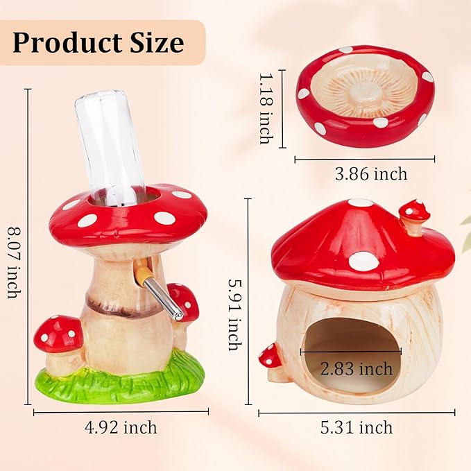 Ceramic Hamster Cage Accessories: Set Include Mushroom Hamster Hideout, Water Bottle and Food Bowl, Ideal for Gerbils and Guinea Pigs