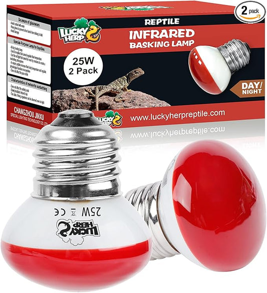 LUCKY HERP Infrared Heat Lamp, 25W Reptile Heat Lamp 2 Pack Red Heat Lamp Bulbs, Infrared Basking Spot Heat Light Bulb, Amphibians Heat Lamp Bulbs for Reptile, Geckos, Snakes, Lizard, Turtle
