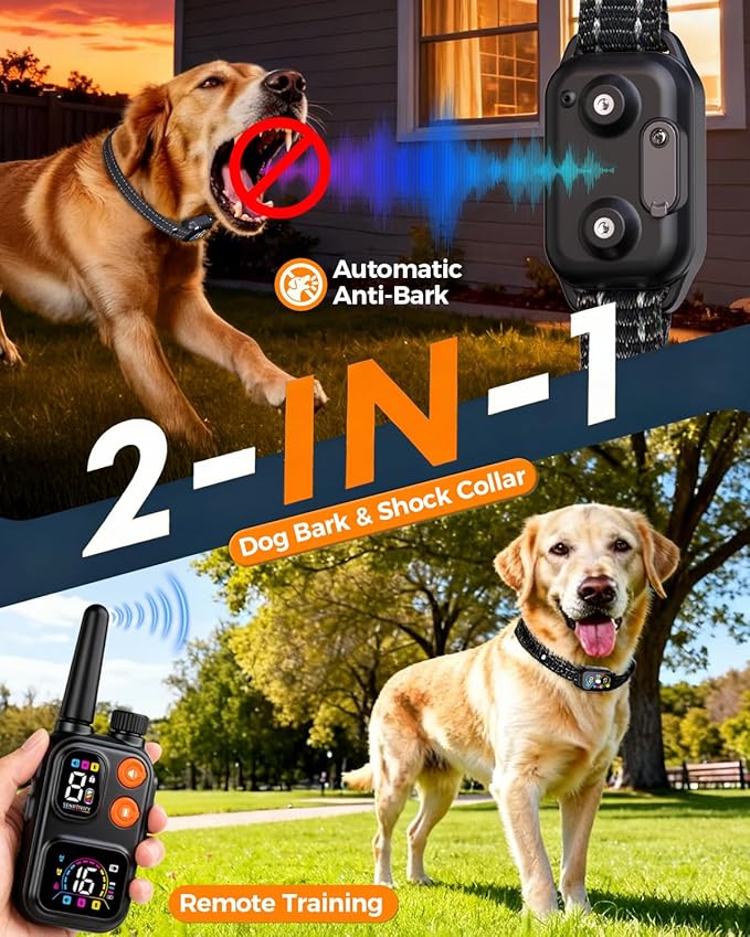 2-in-1 Dog Shock & Bark Collar with Remote – 4500FT Anti-Barking E Collars for Dog Training, IP67 Waterproof for Small Medium Large Breed (8-120Lbs)