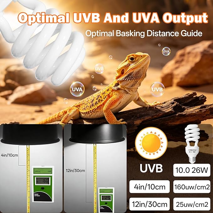 UVB Light for Reptiles 10.0: Bearded Dragon UVB Light for Desert Habitats, 26W UVA UVB Reptile Light Bulb for Lizards Tortoises, Terrarium Compact Fluorescent Lamp-UVB Bulbs with Free UV Sensor Card