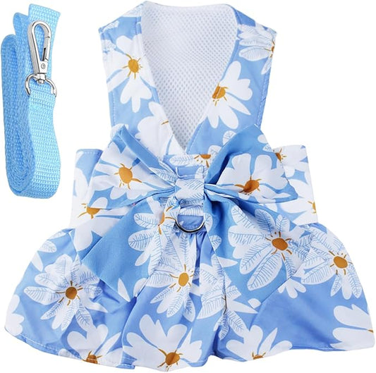 Dog Dress Bowknot Harness Leash Set for Small Girl Dogs Blue Daisy Floral Dog Cat Clothes Cute Puppy Outfits Pet Clothes Spring Summer Breathable Dresses(Medium)