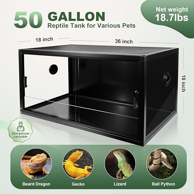 MECESOR 50 Gallon Glass Bearded Drangon Tank，36"x18"x18" Reptile Terrarium Reptiles Vivarium Enclosure with Top Screen Ventilation & Sliding Door Habitat Tank for Ball Python，Gecko, Lizard，Snake