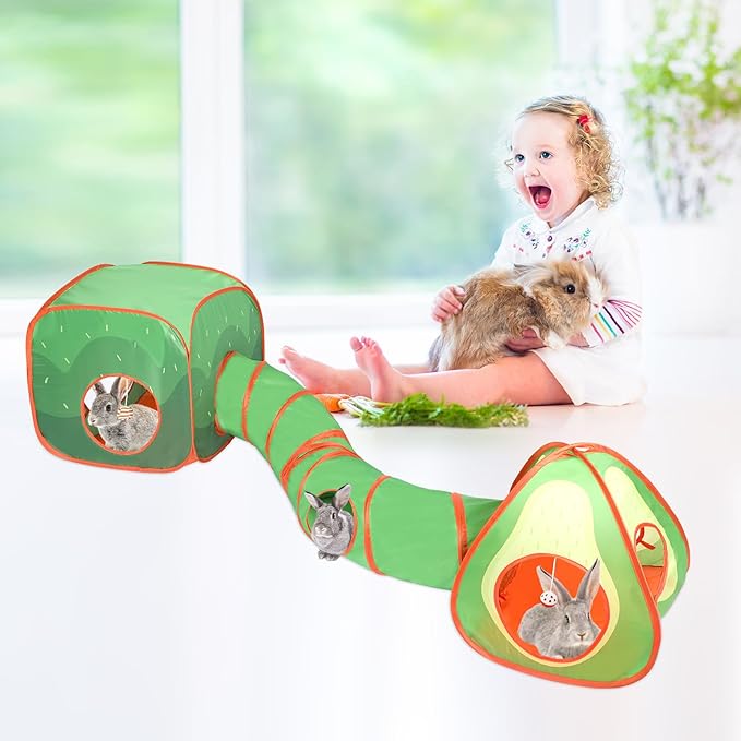 BWOGUE Bunny Tunnels & Tubes Collapsible Rabbit Hideout Tube and Foldable Cubes Playground Small Animal Activity Hideaway for Dwarf Rabbits Bunny Guinea Pigs Kitty (Avocado)