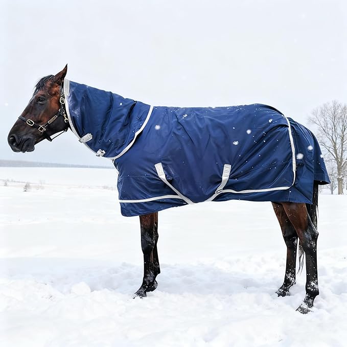 1200D Horse Turnout Blanket with Detachable Neck Cover, Medium Weight Water-Resistant Blanket，Winter Horse Blanket for Real Horses(72in/135cm)