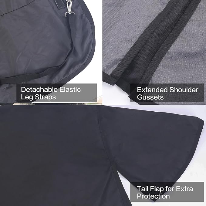 1200D Ripstop Waterproof Breathable Horse Blanket (0g No Fill), Lightweight Turnout Rain Sheet, Keeps Dry in Mud & Wet Weather BlackGrey 72"