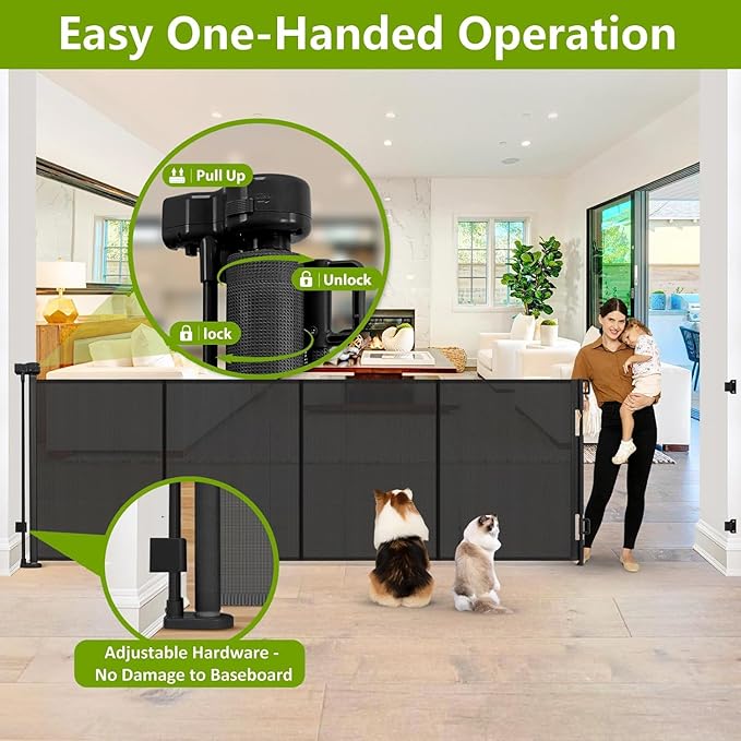 Reinforced 42" Tall Retractable Dog Gate, 155" Extra Long Retractable Baby Gate with Support Rods - Prevent Crawling Under, Indoor/Outdoor Retractable Gate Extra Tall Baby Gate Retractable Fence/Black