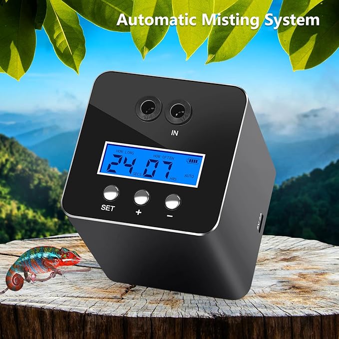 Reptile Humidifier & Mister for Tanks | 360° Adjustable Nozzles, Auto Timer, Leak-Proof Fogger for Terrariums, Amphibians & Rainforest Plants