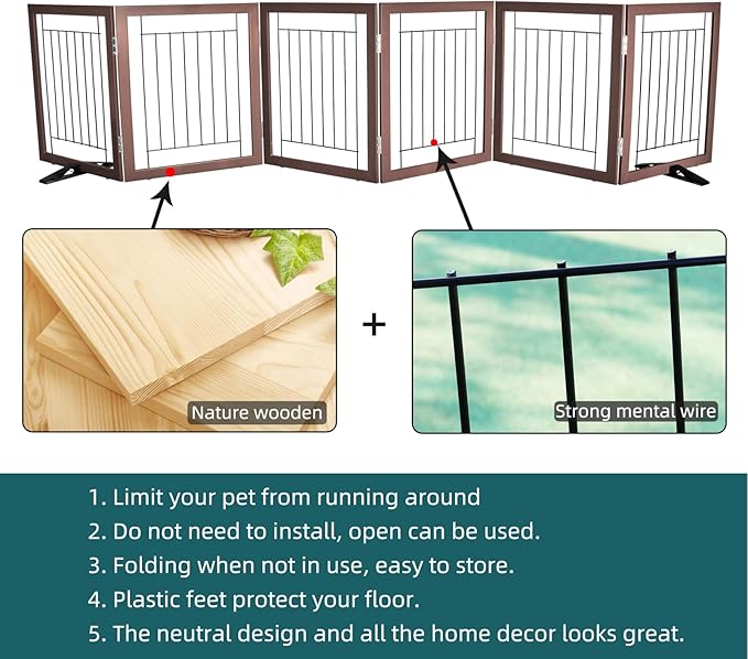 ZJSF Freestanding Dog Gate Indoor, Foldable Dog Fence for Doorways,Hallways or Stairs, Sturdy Wood Extra Wide Pet Gate with Support Feet,Brown,24 "Height-6 Panels