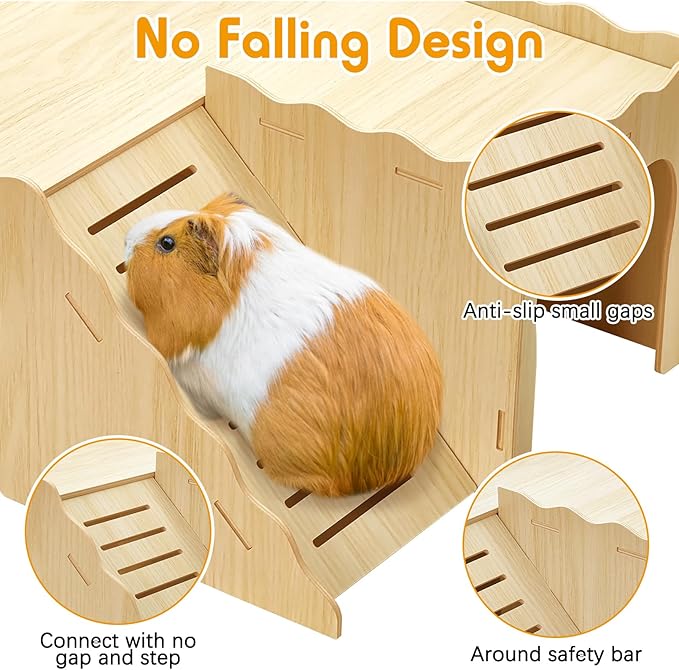 BNOSDM Upgraded Wooden Guinea Pig Hideout with Stair & Loft 2 Tier Detachable Cavy Castle 2 Door Small Animal House Habitat Dwarf Rabbit Climbing Toy Accessories for Cage