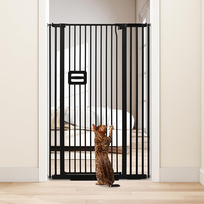 SMONTER 55" High Extra Tall Baby Gate, Safety Cat Gate for Doorways, Expands to 34.2"-38.2" Wide, Auto Close Dog Gate, No Drilling Pressure Mounted Cat Fence, Pet Gate Indoor for Stairs, Black