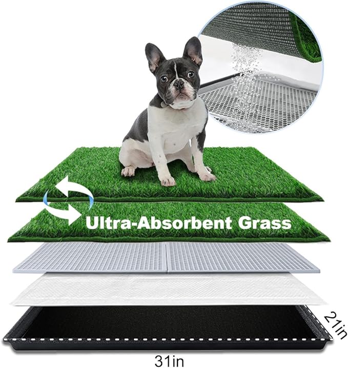 HQ4US 4LEGS Dog Grass Pad with Tray Medium 31”×21”, Dog Litter Box with Odor Free Artificial Grass Pee Pads for Dogs Potty Tray with Hemmed Edge, Realistic for Indoor Balcony