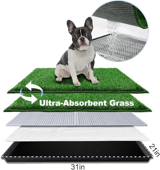 HQ4US 4LEGS Dog Grass Pad with Tray Medium 31”×21”, Dog Litter Box with Odor Free Artificial Grass Pee Pads for Dogs Potty Tray with Hemmed Edge, Realistic for Indoor Balcony