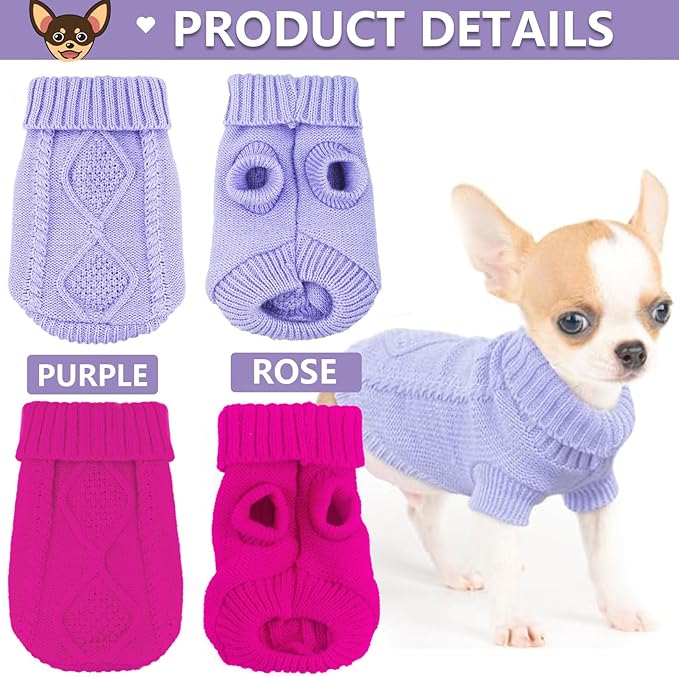 2 Pieces Chihuahua Clothes Small Dog Sweater, Spring Winter Cute Knitwear Turtleneck Thick Warm Clothes for Yorkie Cat Extra Small Dog Clothes (X-Small, Plaid Rose+Purple)
