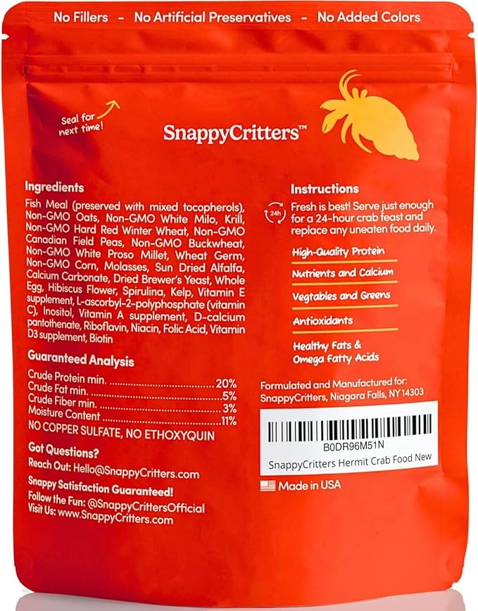 Hermit Crab Food - Premium Complete Diet. Non-GMO Organic. US FDA Facility. Supports Molting, Shell Health, Digestive System and Over-All Immune System - 2.5 oz