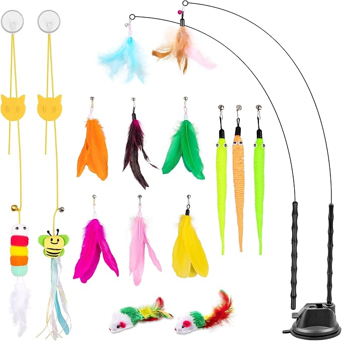 Depets Cat Wand Toy, 15 Pcs Interactive Cat Feather Toys for Indoor Self Play & Exercise, 2 Play Modes Kitten Teaser Wand, Reusable Suction Cup Kitten Toys by Depets