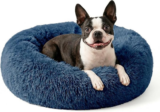 Calming Dog Bed for Medium Dogs Washable Donut 30 inches Anti-Slip Pet Bed,Round Fluffy Plush Faux Fur Cat Bed,Fits up to 45 lbs Pets,Navy Blue