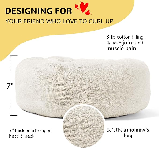 HACHIKITTY Calming Donut Cuddler Dog Bed, Round Fluffy Pet Bed for Large Dogs,Washable, Large, White, 30''