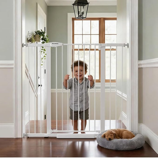 Mumeasy 36" Extra Tall Baby Gate for Stairs, 29.7-48" Wide Dog Gate for Doorways, Walk Thru Pet Safety Gate for Indoor, Pressure Mounted with Auto Close, Easy Install No Drill for Toddlers, White
