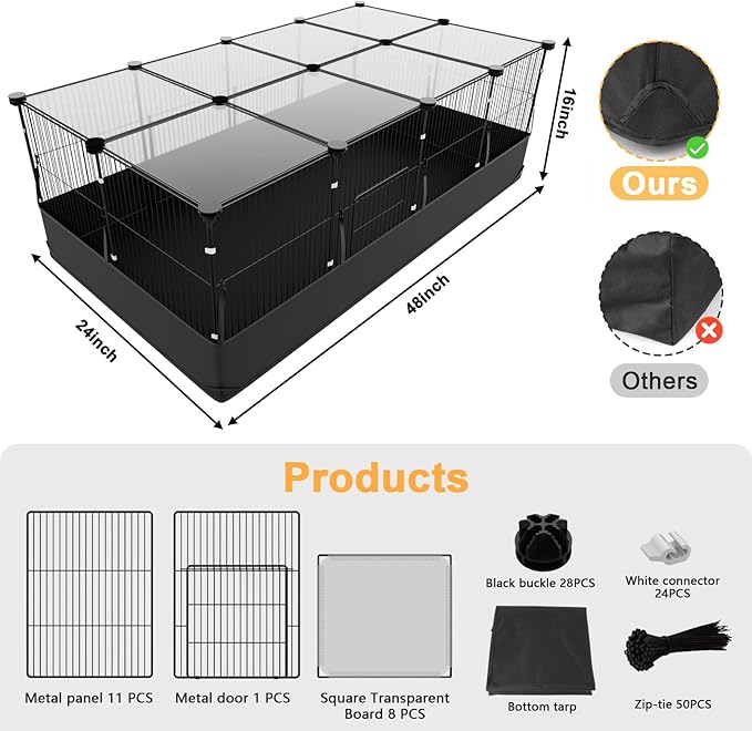 Tresbro Guinea Pig Cage with Waterproof PVC Bottom Liner & One-Hand Release Hook, Triple Fixing C&C Cage for Guinea Pigs, Bunny, Rabbit, Hedgehog, Small Animal Indoor Playpen 48''L x 24''W x 16''H
