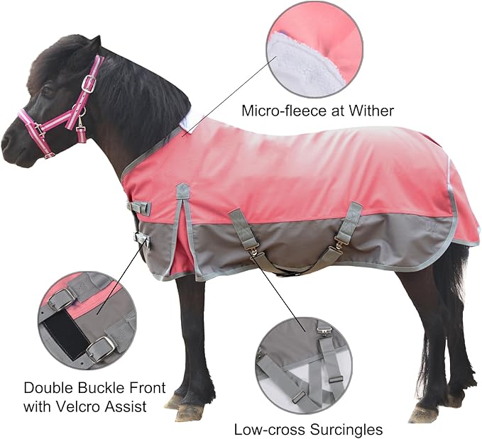 Mini Horse/Pony/Foal/Miniature Size 36"-51" Lightweight Waterproof & Breathable 1200 Denier Turnout Blanket with No Filling Pink 42"