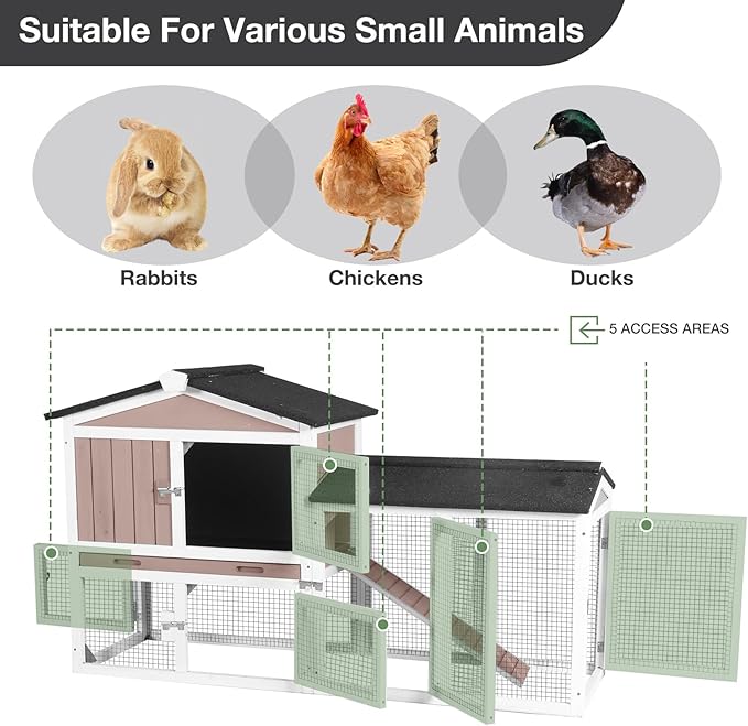 Chicken Coop Outdoor, Wooden Chicken House with Leakproof Tray and Waterproof Roof, Small Chicken Coops for 2 Chickens, Duck House, Rabbit Hutch (Brown)