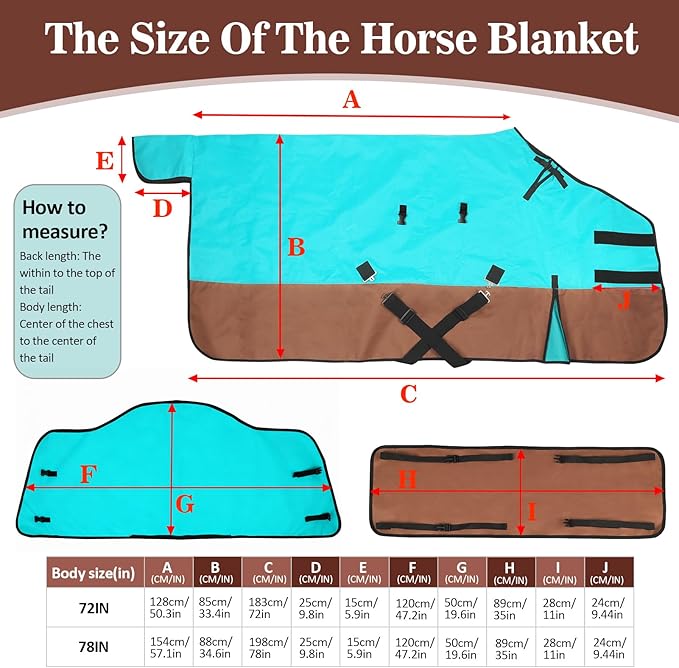 72" Waterproof Breathable Horse Blanket (No Fill), 600D Oxford Cloth Winter Turnout Rain Sheet with Removable Neck Cover, Windproof Tail Flap and Belly Wrap, Suitable for Stables, Pastures, Paddock