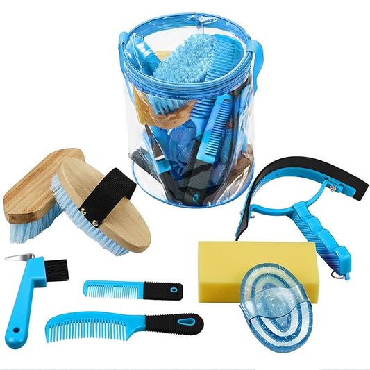 Cunhill 9 Pcs Horse Grooming Kit Tack Room Supplies Set with Tote Bag, Oval Massage Curry, Hard and Soft Brush, Hoof Pick, Sweat Scraper, Bathing Sponge, Comb for Horse Rider(Cute,Blue)