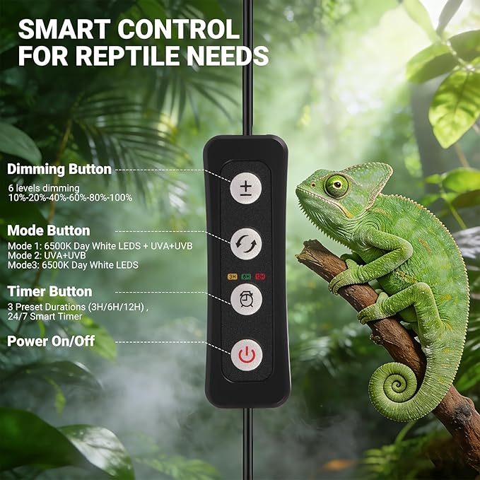 Zingbabu UVB Reptile Light, Dimmable UVA UVB Lamp with Timer & 3 Modes, Adjustable 5.0-20.0 Output, 6500K Daylight LED Reptile Tank Light for Bearded Dragon, Snake, Turtle, 10-40 Gallon (8 INCH)