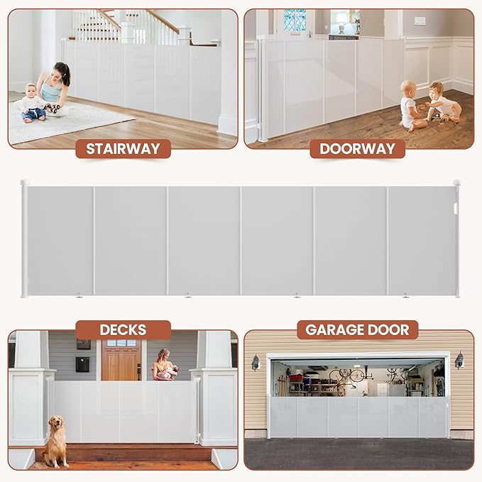 Upgrade Retractable Baby Gates Extra Wide(120" W x 42" H), 120 inch Reinforced Retractable Dog Gate to Prevent Crawling Through, Retractable Gate Outdoor/Indoor, Real One-Handed Operation, White